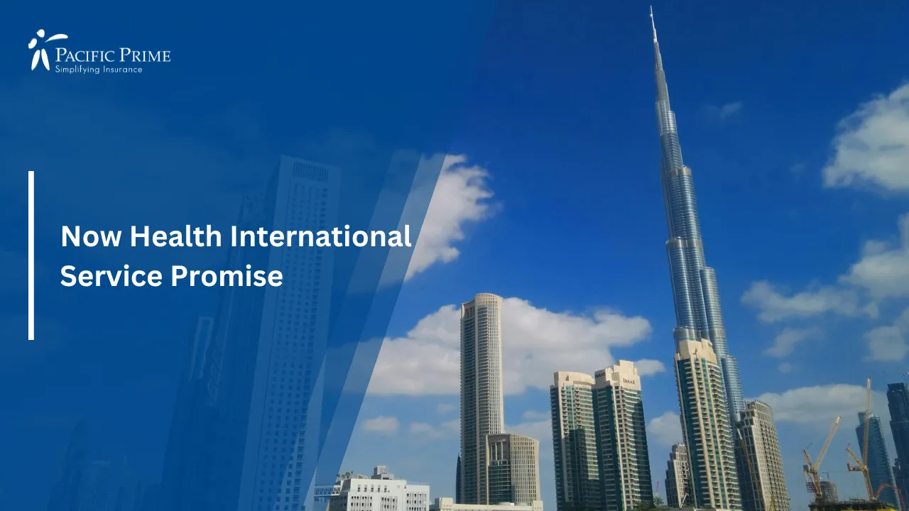 Image of White And Gray High-rise Buildings Under Clear Blue Sky In Dubai with text overlay of "Now Health International Service Promise"