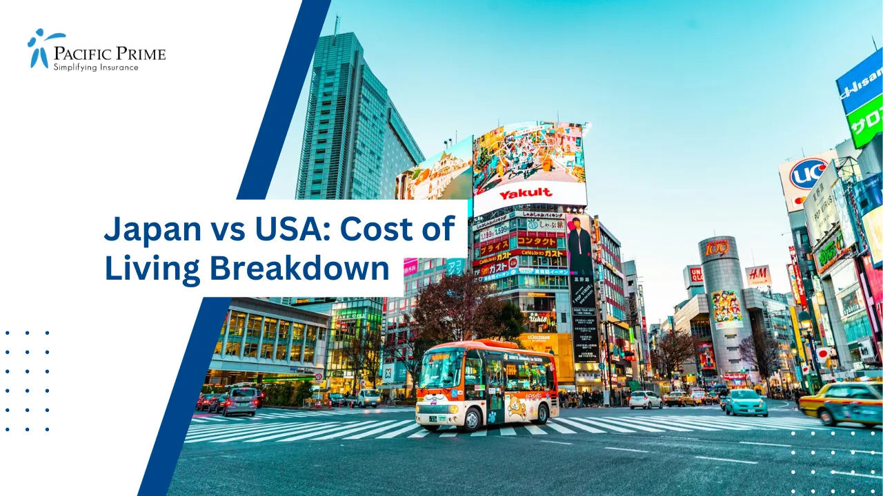 Image of White And Red Bus At A Busy Street Crossing In Shibuya, Tokyo with text overlay of "Japan vs USA: Cost of Living Breakdown"