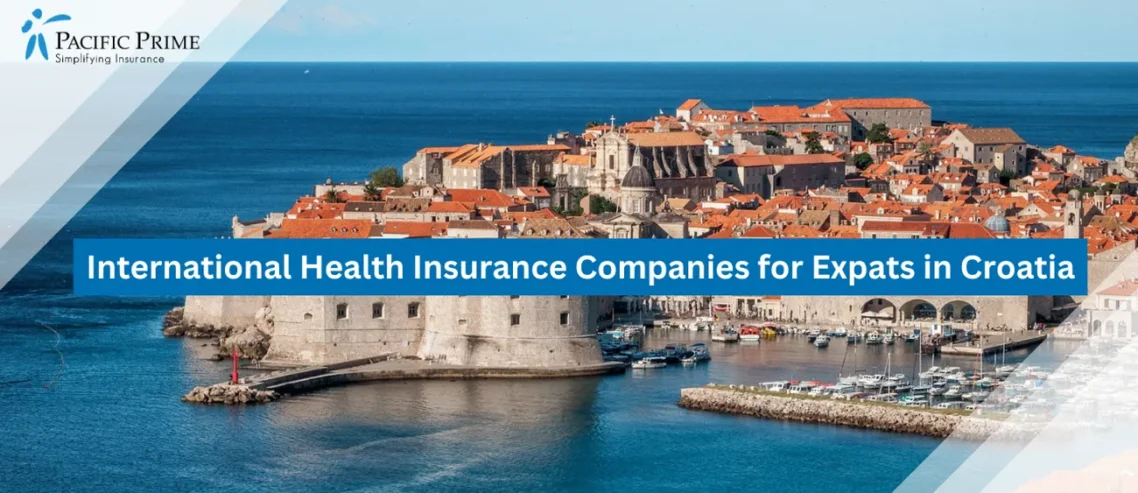 Image of White And Red Coastal Houses Along The Sea In Dubrovnik, Croatia with text overlay of "International Health Insurance Companies for Expats in Croatia"