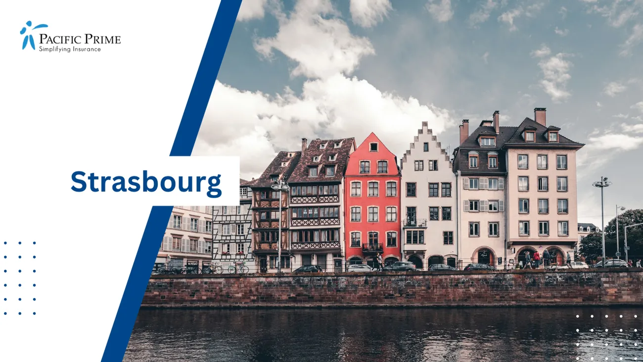 Image of White And Red Concrete Building By Water In Strasbourg, France with text overlay of "Strasbourg"