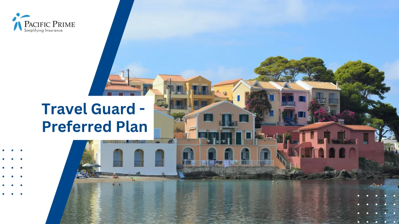 Image of White And Red Houses By Water In Kefalonia, Greece Under Daylight with text overlay of "Travel Guard - Preferred Plan"