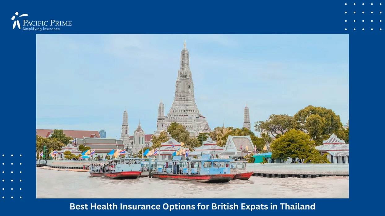 Image of White And Red Riverboat Cruising Past Central Bangkok Waterfront Buildings with text overlay of "Best Health Insurance Options for British Expats in Thailand"
