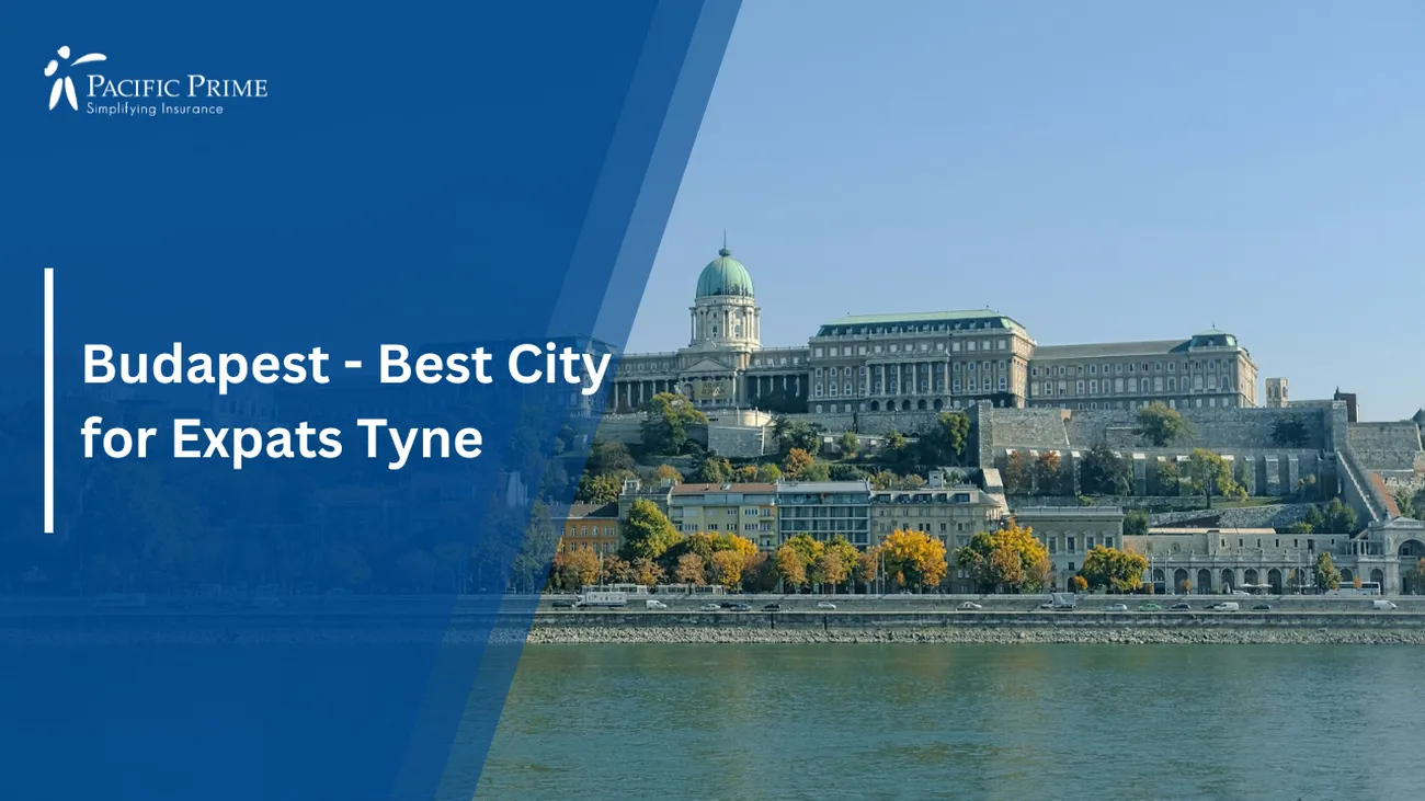 Image of White-blue Domed Building By Water In Budapest Castle District with text overlay of "Budapest - Best City for Expats"