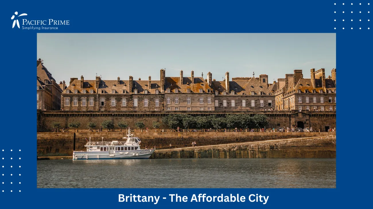 Image of White Boat Near A Large Building And Pier In Saint-malo, France with text overlay of "Brittany - The Affordable City"