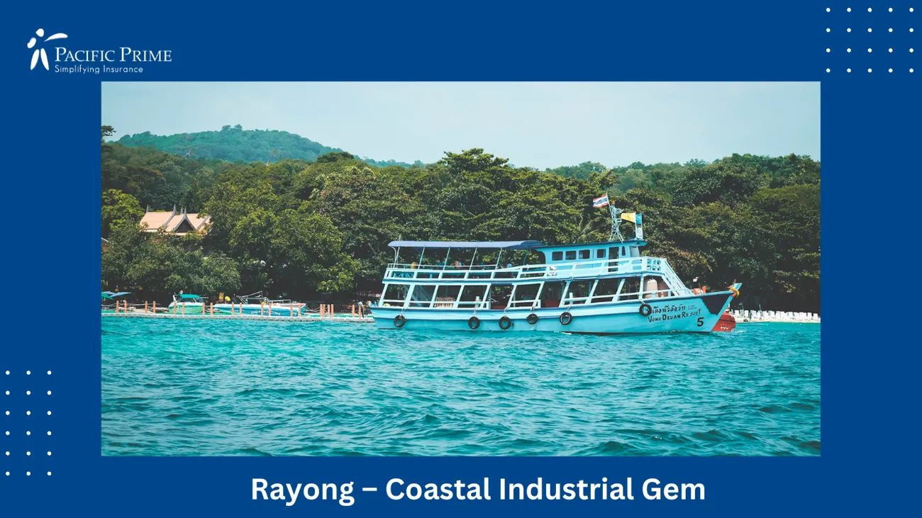 Image of White Boat On Calm Waters At Koh Samet In Rayong, Thailand with text overlay of "Rayong – Coastal Industrial Gem"