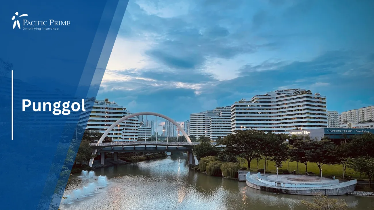 Image of White Bridge Over River And City Buildings At Waterway Point, Punggol, Singapore with text overlay of "Punggol"