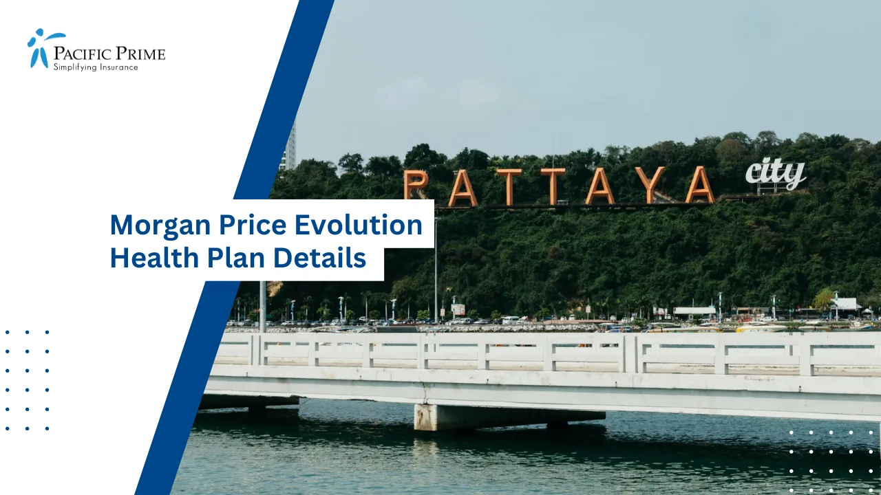 Image of White Bridge Spanning Over Water In Pattaya Thailand with text overlay of "Morgan Price Evolution Health Plan Details"
