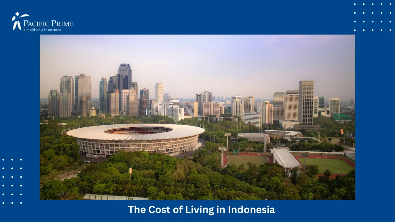 Image of White Building Surrounded By Greenery In Senayan, Jakarta with text overlay of "The Cost of Living in Indonesia"