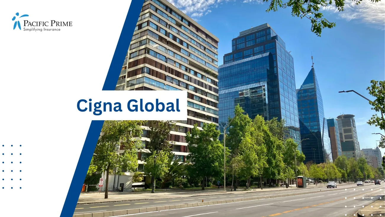 Image of White Building With Green Trees On Avenida Apoquindo, Las Condes with text overlay of "Cigna Global"