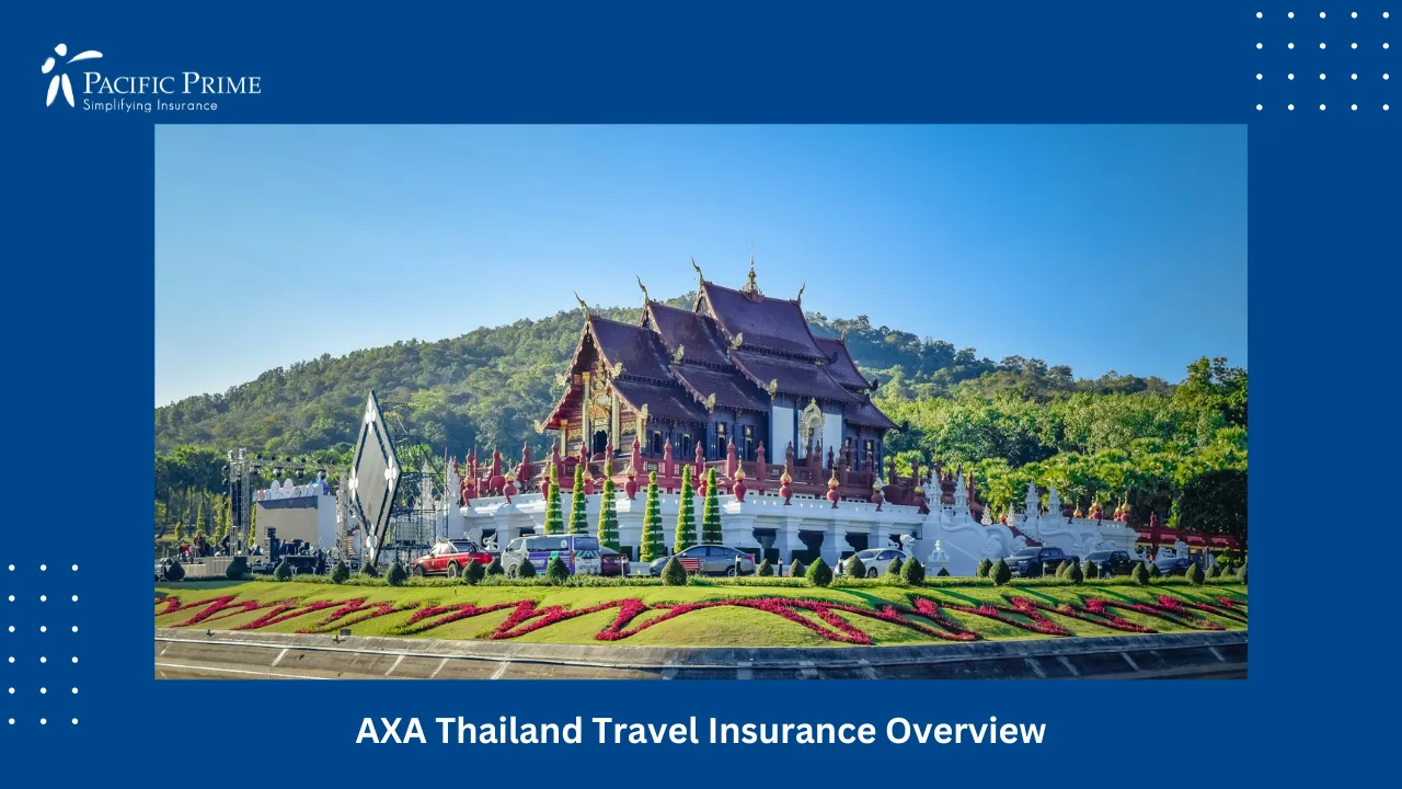 Image of White Building With Red Roof Surrounded By Greenery, Chiang Mai with text overlay of "AXA Thailand Travel Insurance Overview"