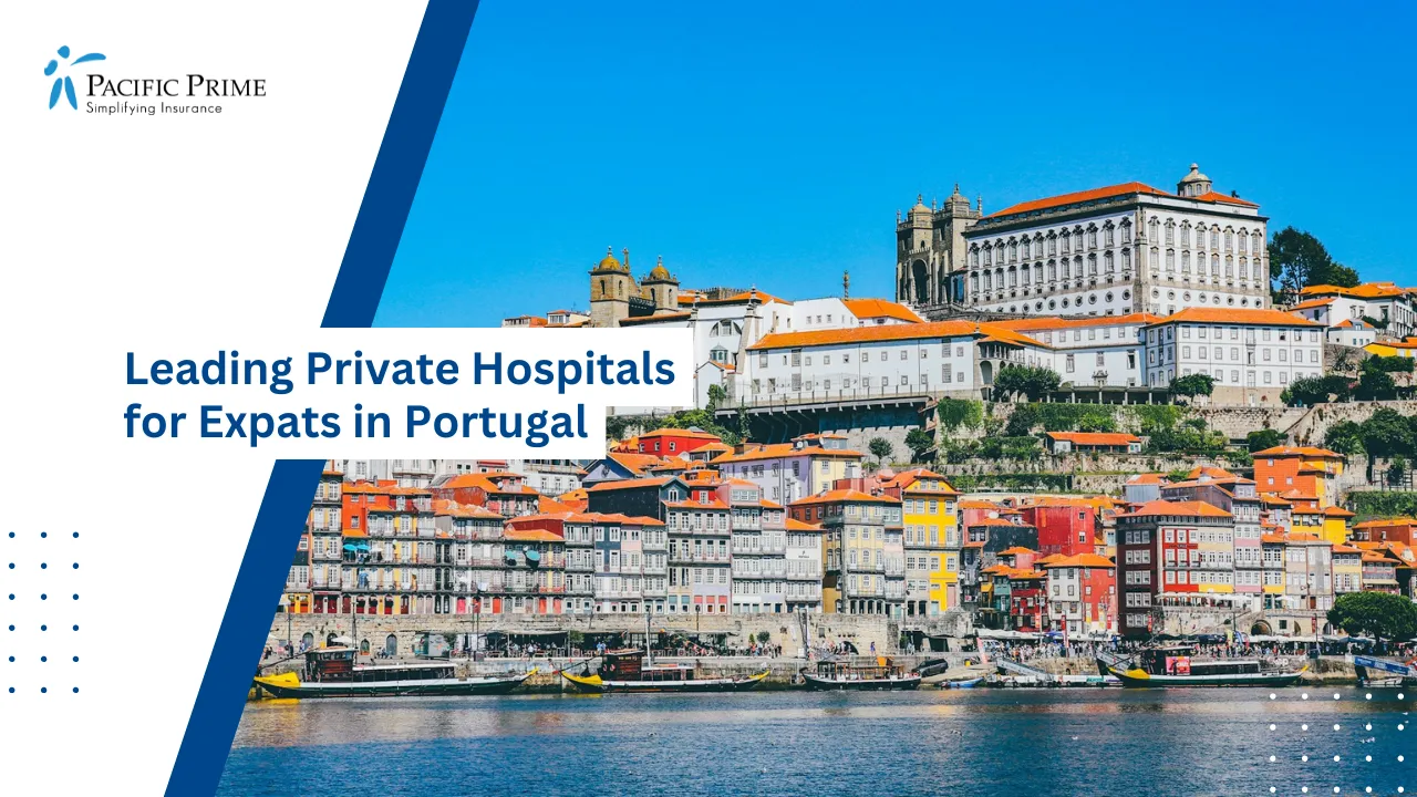 Image of White Buildings Along The Waterfront In Porto, Portugal with text overlay of "Leading Private Hospitals for Expats in Portugal"