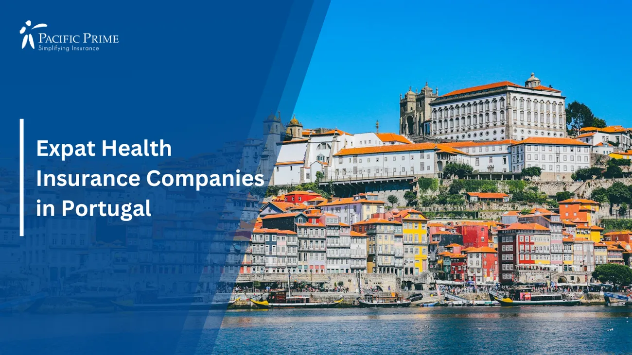 Image of White Buildings By The Water In Porto, Portugal with text overlay of "Expat Health Insurance Companies in Portugal"
