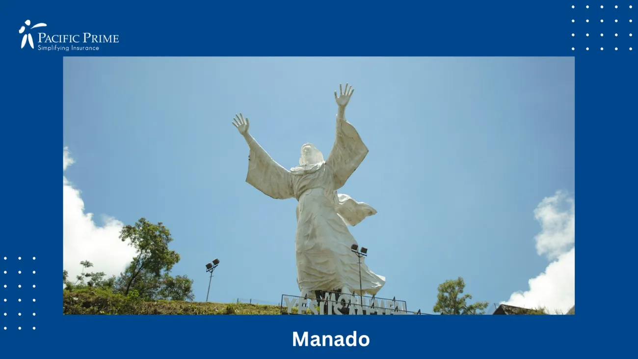 Image of White Christ Statue In Manado Stands Tall Under A Clear Daytime Sky with text overlay of "Manado"