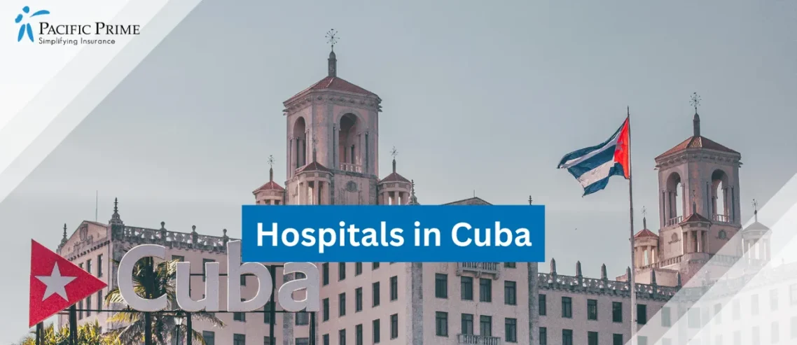 Image of White Concrete Building Against A Clear Blue Sky In La Habana, Cuba with text overlay of "Hospitals in Cuba"