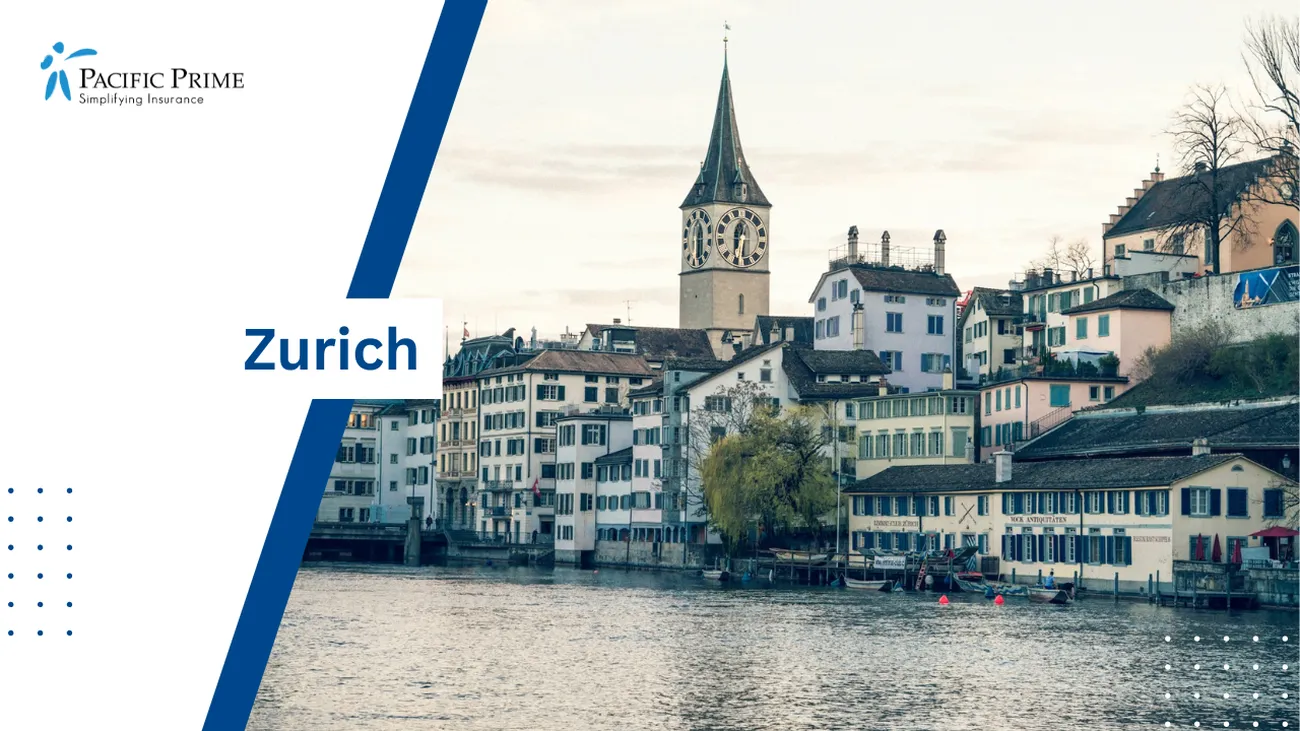 Image of White Concrete Buildings By Calm Water, Daytime In Zurich, Switzerland with text overlay of "Zurich"