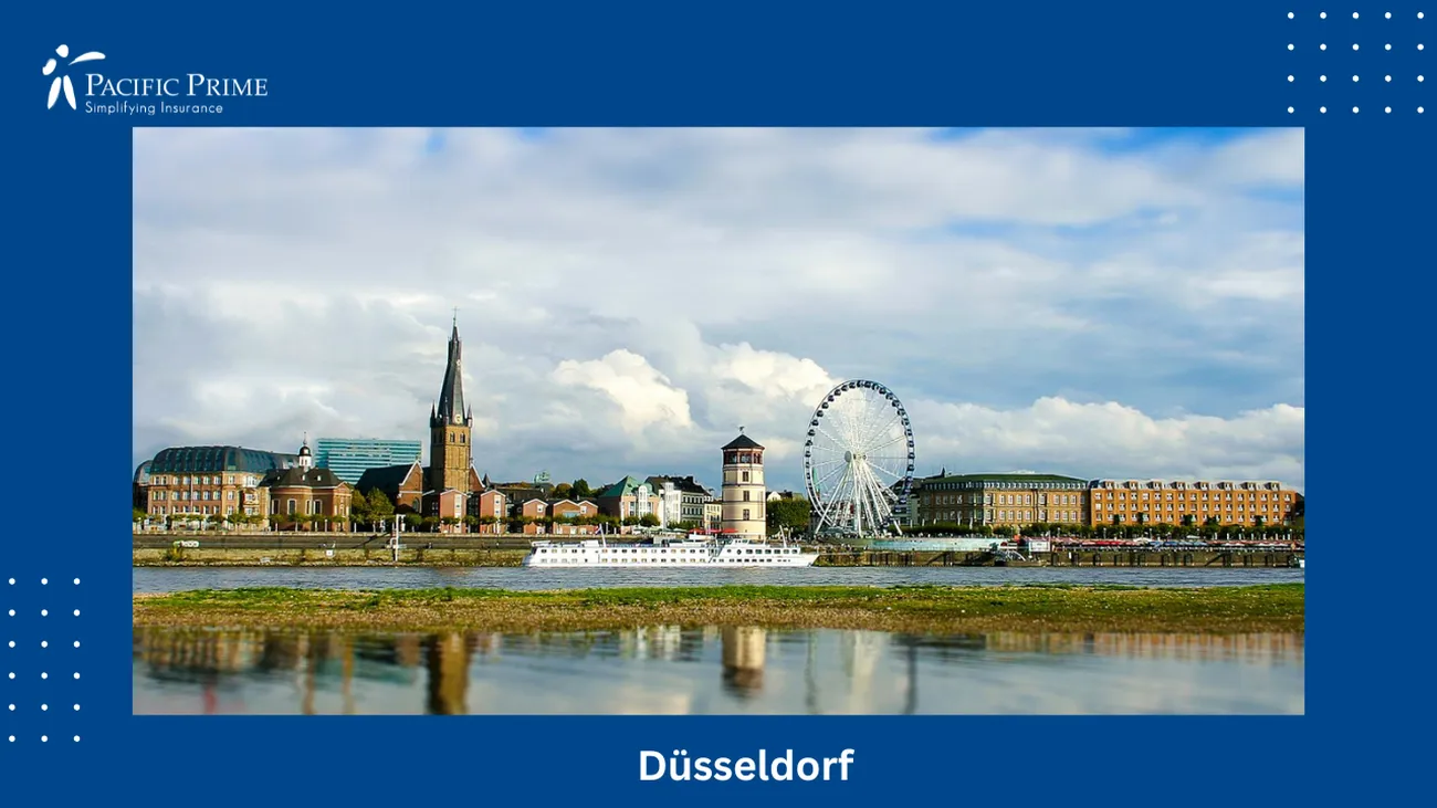 Image of White Ferris Wheel By Water Under Blue Sky In Düsseldorf, Germany with text overlay of "Düsseldorf"