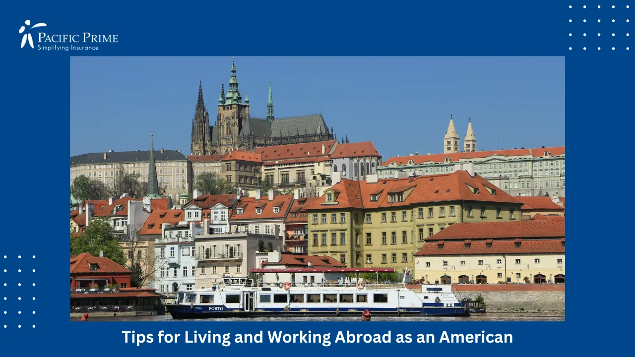 Image of White Ferry Boat Sailing On River In Prague, Czechia with text overlay of "Tips for Living and Working Abroad as an American"