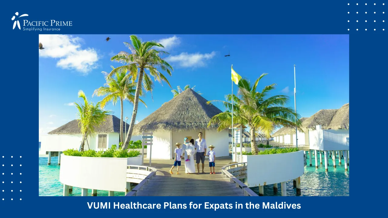 Image of White Gazebo Surrounded By Palm Trees In Maldives with text overlay of "VUMI Healthcare Plans for Expats in the Maldives"