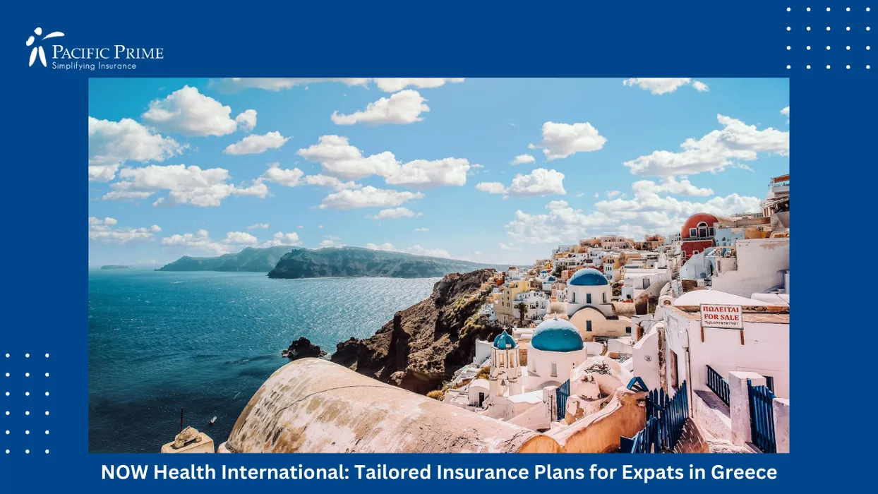 Image of White Hillside Homes Overlooking The Aegean Sea Beneath Drifting Clouds In Santorini, Greece with text overlay of "NOW Health International: Tailored Insurance Plans for Expats in Greece"