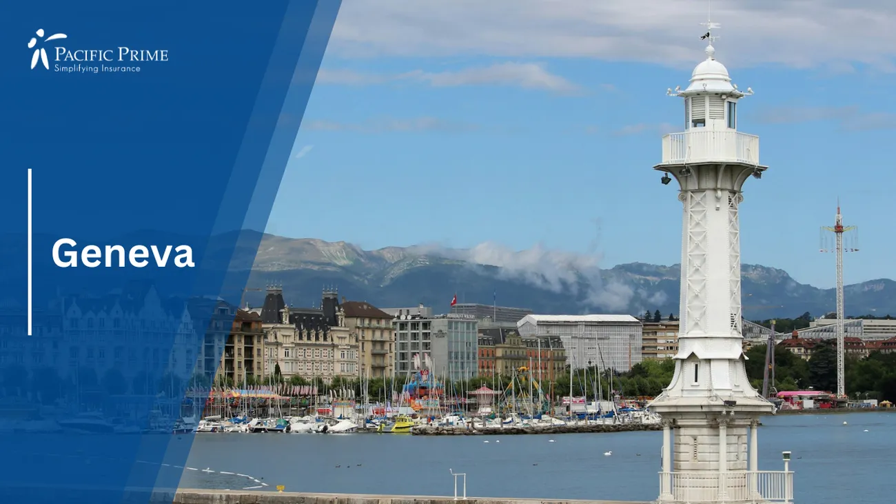 Image of White Lighthouse At Bain De Paquis, Geneva, Switzerland with text overlay of "Geneva"