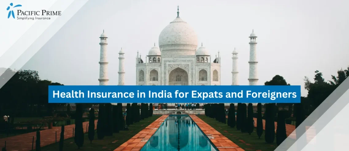 Image of White Marble Mausoleum With Reflecting Pool In Agra, India with text overlay of "Health Insurance in India for Expats and Foreigners"