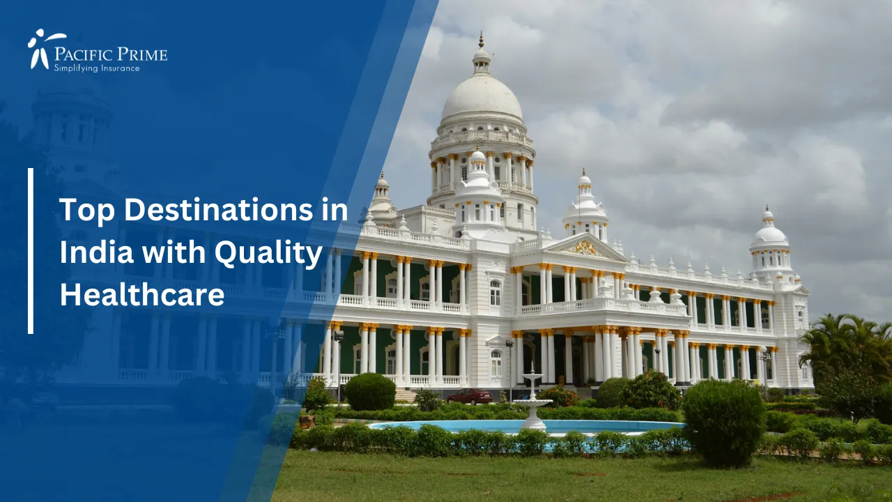 Image of White Palace-style Building Under Cloudy Skies In Mysore, India with text overlay of "Top Destinations in India with Quality Healthcare"