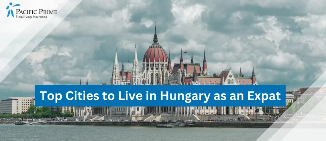 Image of White-red Concrete Building By Water Under Cloudy Sky In Budapest with text overlay of "Top Cities to Live in Hungary as an Expat"