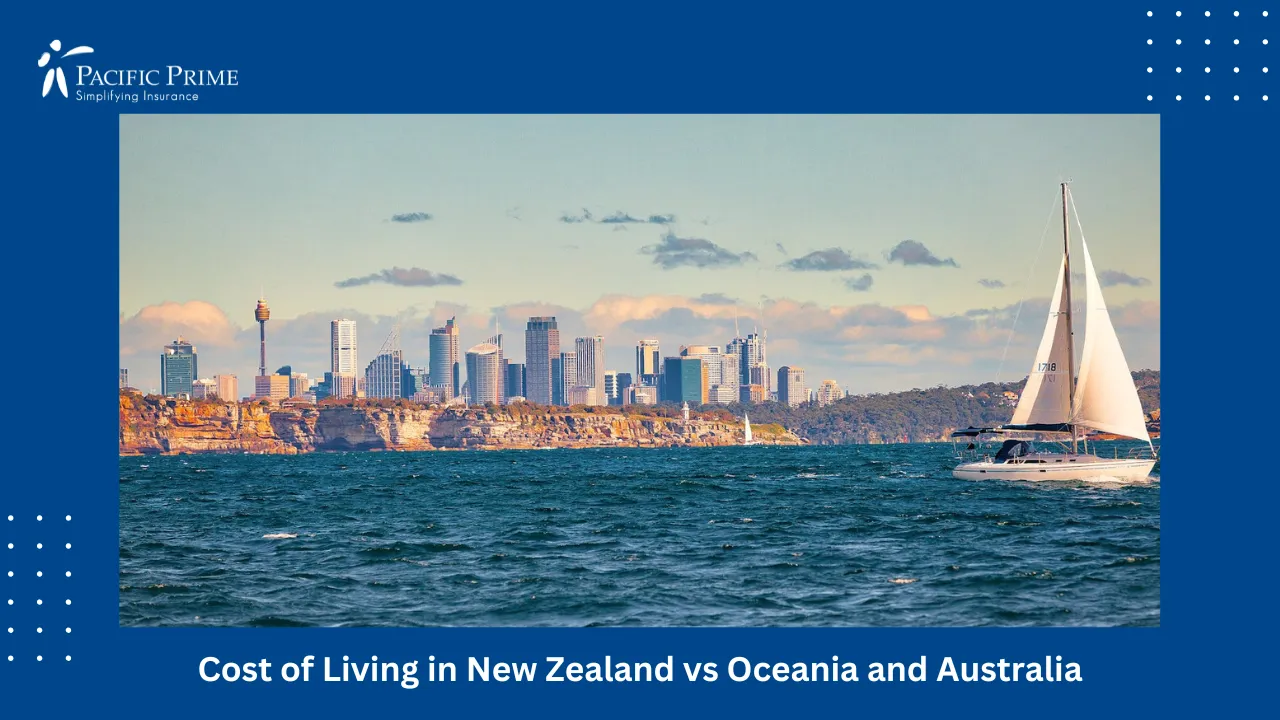 Image of White Sailboat On Water Near City Buildings In Kremnos, Australia with text overlay of "Cost of Living in New Zealand vs Oceania and Australia"