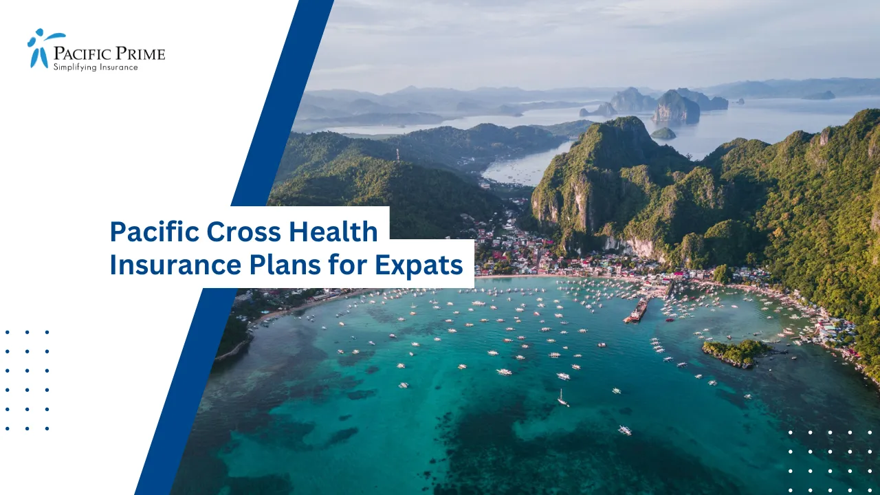 Image of White-sand Beaches And Turquoise Waters In El Nido, Palawan, Philippines with text overlay of "Pacific Cross Health Insurance Plans for Expats"