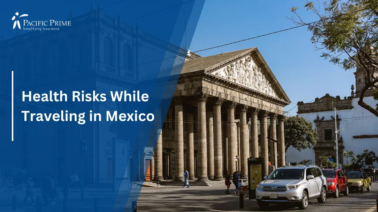 Image of White Sedan Parked Near Teatro Degollado, Guadalajara, Mexico with text overlay of "Health Risks While Traveling in Mexico"