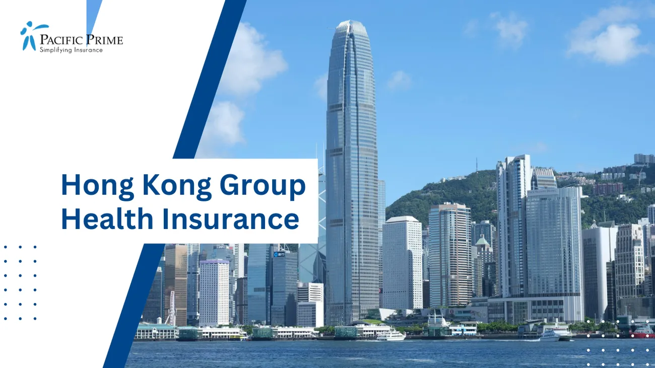Image of White skyscraper by water at West Kowloon Harbour, Hong Kong with text overlay of "Hong Kong Group Health Insurance"