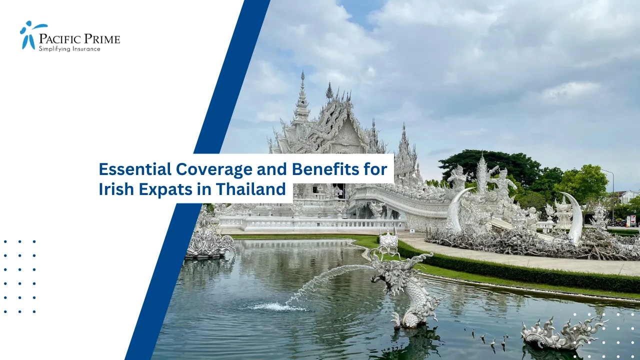 Image of White Temple In Chiang Rai With Fountain In Front with text overlay of "Essential Coverage and Benefits for Irish Expats in Thailand"