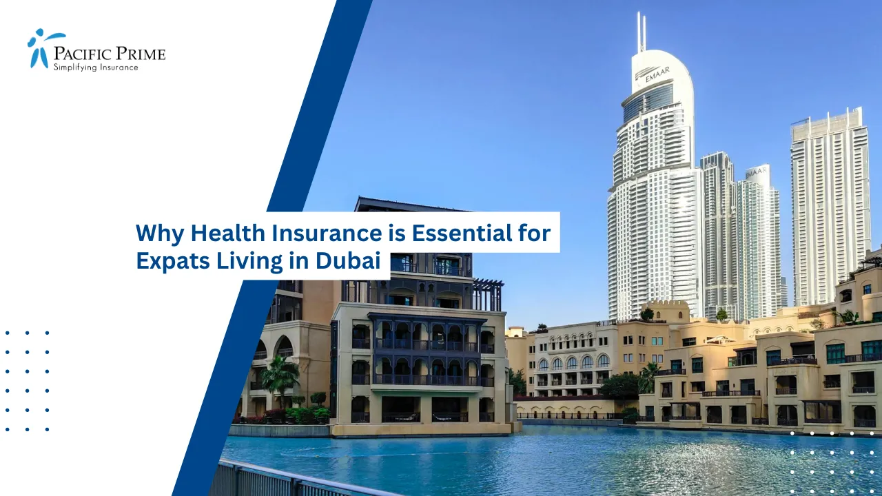 Image of White Waterfront Building In Dubai Near Calm Blue Water with text overlay of "Why Health Insurance is Essential for Expats Living in Dubai"