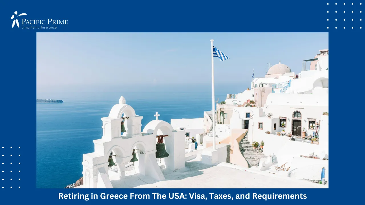 Image of Whitewashed Buildings In Oia Overlooking The Sea During Daylight In Greece with text overlay of "Retiring in Greece From The USA: Visa, Taxes, and Requirements"