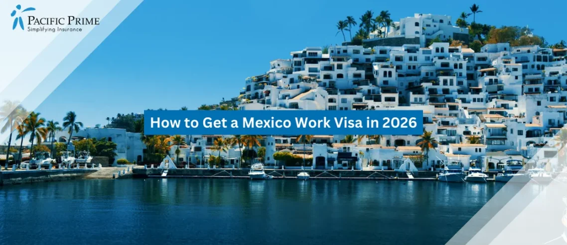 Image of Whitewashed Las Hadas Resort Overlooking The Santiago Peninsula In Manzanillo, Colima with text overlay of "How to Get a Mexico Work Visa in 2026"
