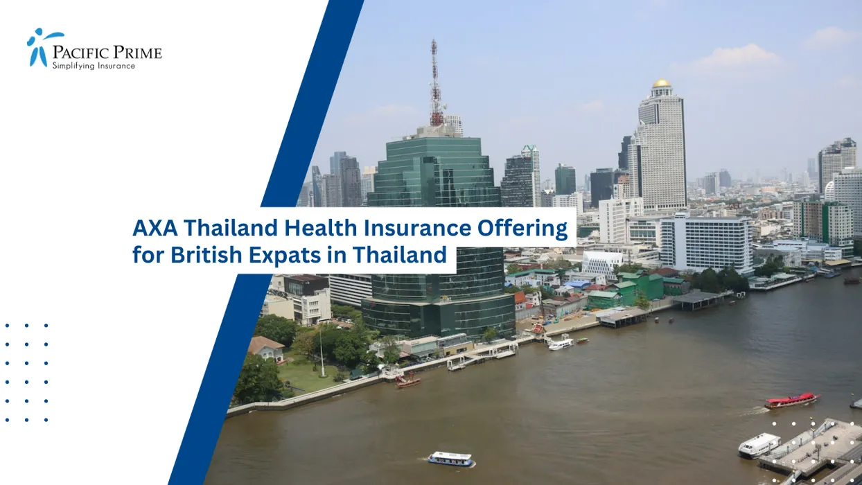 Image of Wide River View With Bangkok Skyline Rising Beyond The Waterfront with text overlay of "AXA Thailand Health Insurance Offering for British Expats in Thailand"