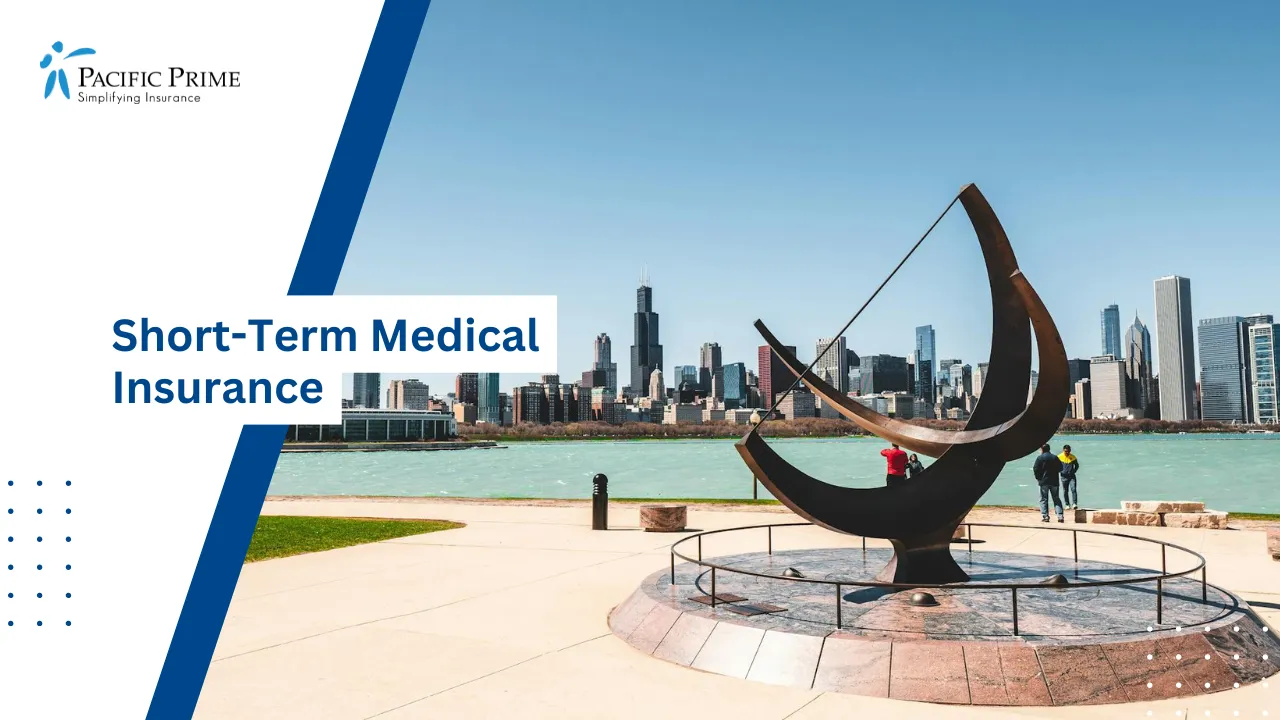 Image of Willis Tower Rising Above Chicago Cityscape with text overlay of "Short-Term Medical Insurance"
