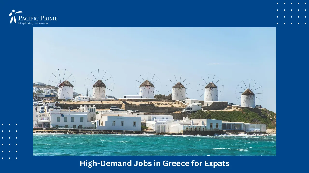 Image of Windmills By The Sea In Mykonos Under A Clear Blue Sky with text overlay of "High-Demand Jobs in Greece for Expats"