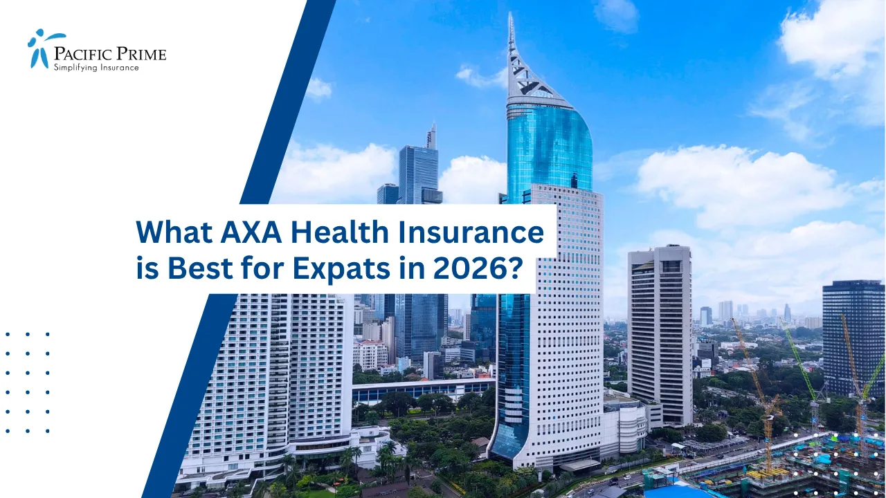 Image of Wisma 46 Amid Jakarta’s Skyscrapers Seen From Above with text overlay of "What AXA Health Insurance is Best for Expats in 2026?"