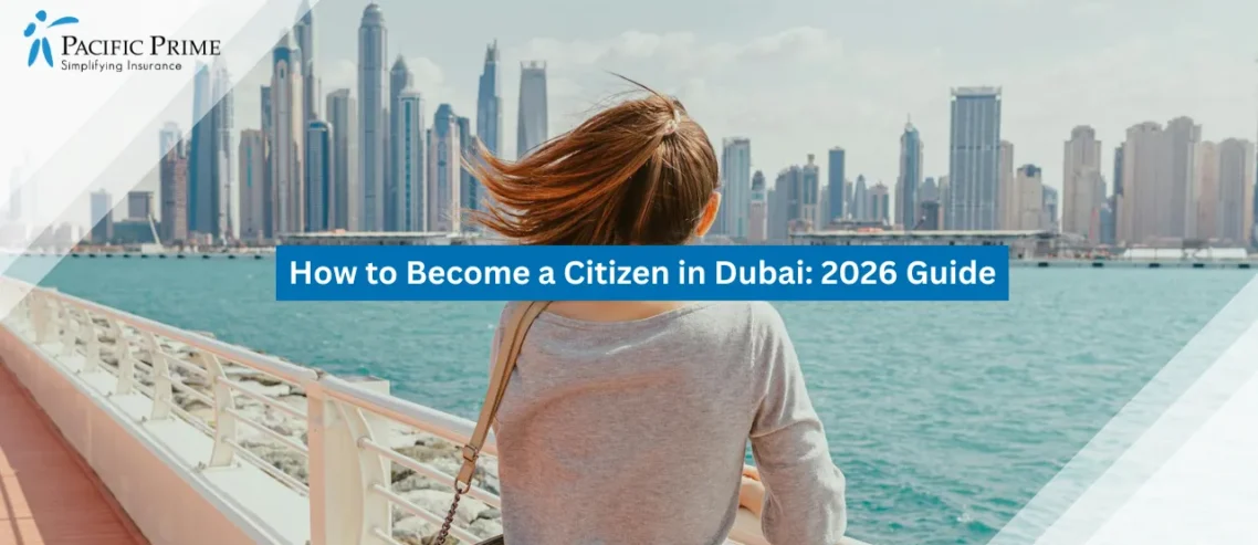 Image of Woman Admiring Dubai Marina Skyline With Waterfront Skyscrapers In View with text overlay of "How to Become a Citizen in Dubai: 2026 Guide"