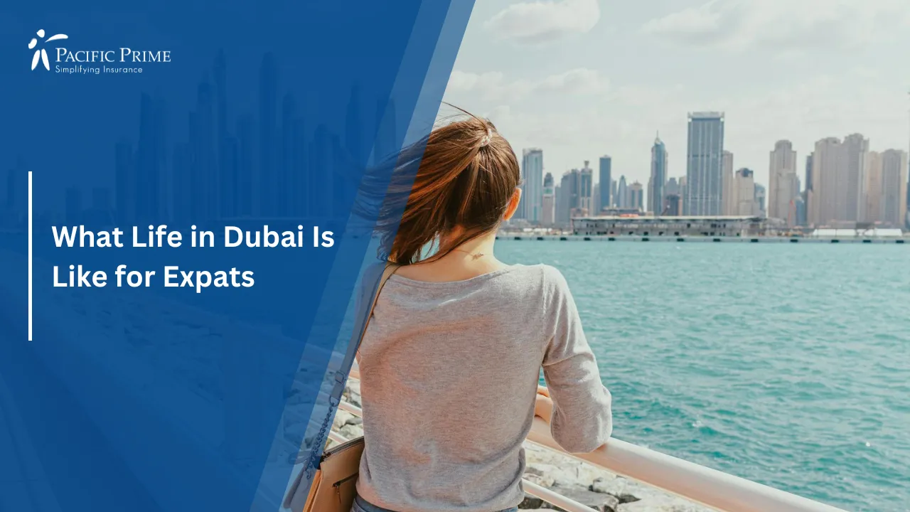 Image of Woman Admiring The Dubai Marina Skyline At Sunset with text overlay of "What Life in Dubai Is Like for Expats"