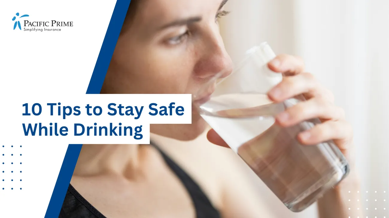 Image of a Woman Drinking A Glass Of Fresh Water with text overlay of "10 Tips to Stay Safe While Drinking"