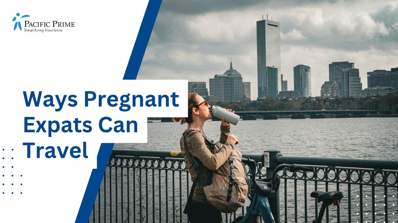 Image of a Woman Drinking Water By Bike with text overlay of "Ways Pregnant Expats Can Travel"