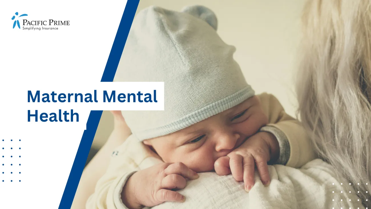 Image of a Woman Holding Baby with text overlay of "Maternal Mental Health"
