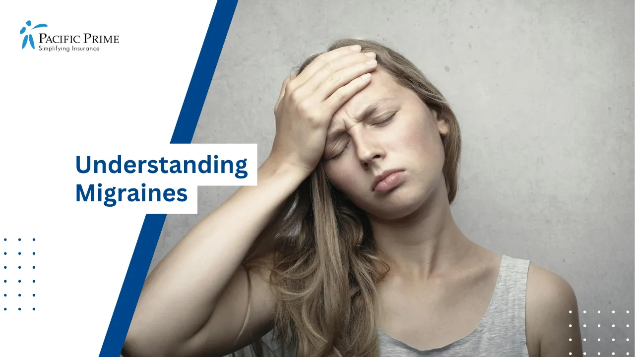 Image of Woman Holding Head In Distress Showing Fatigue with text overlay of "Understanding Migraines"
