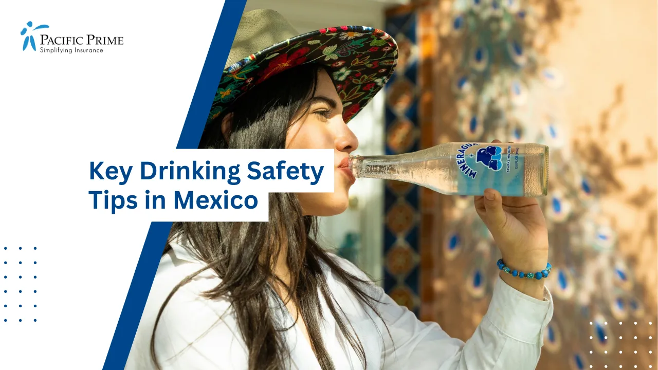 Image of Woman In A Hat Drinking Water From A Bottle In Mexico with text overlay of "Key Drinking Safety Tips in Mexico"