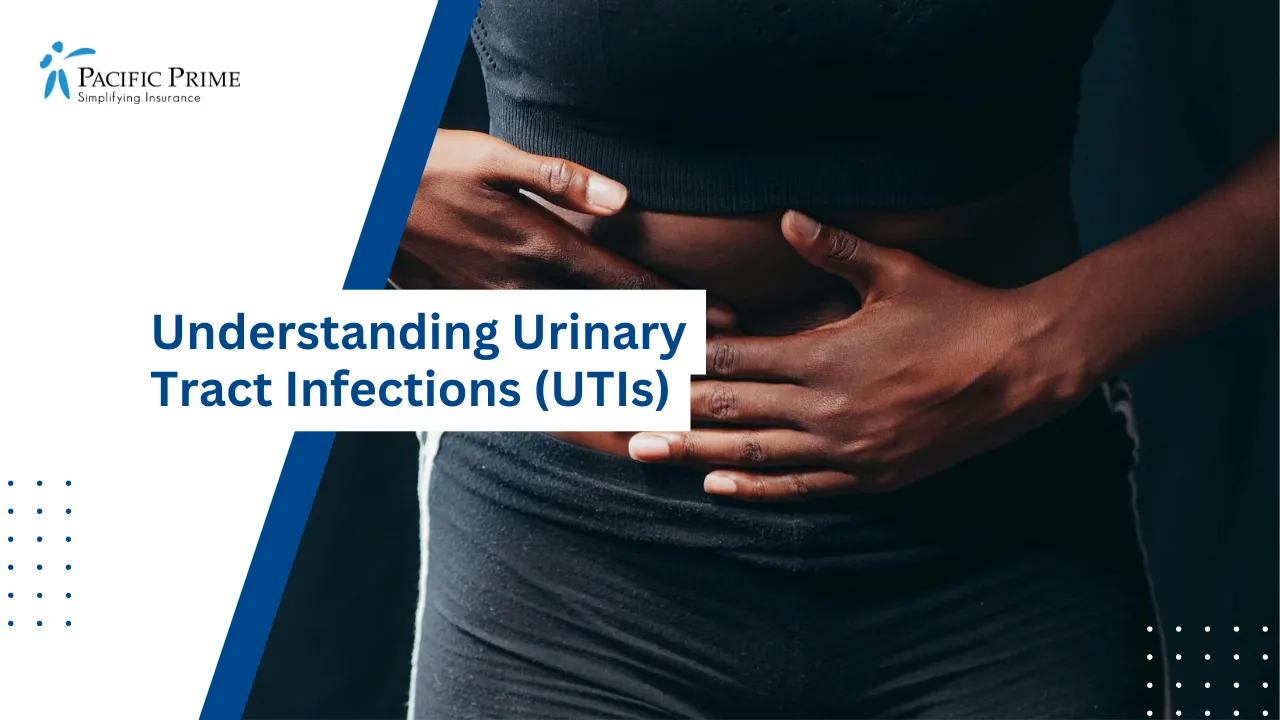 Image of Woman In Black Activewear Holding Her Stomach with text overlay of "Understanding Urinary Tract Infections (UTIs)"
