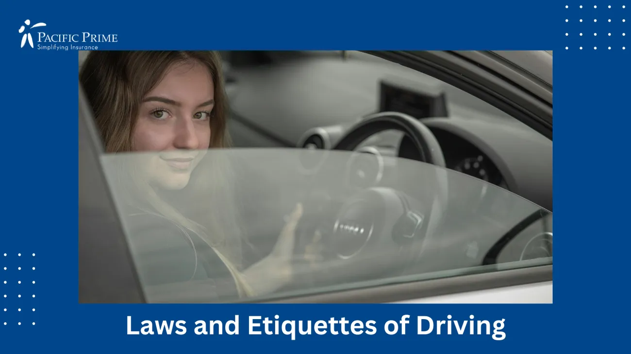 Image of Woman In Car Holding Steering Wheel In Mexico with text overlay of "Laws and Etiquettes of Driving"