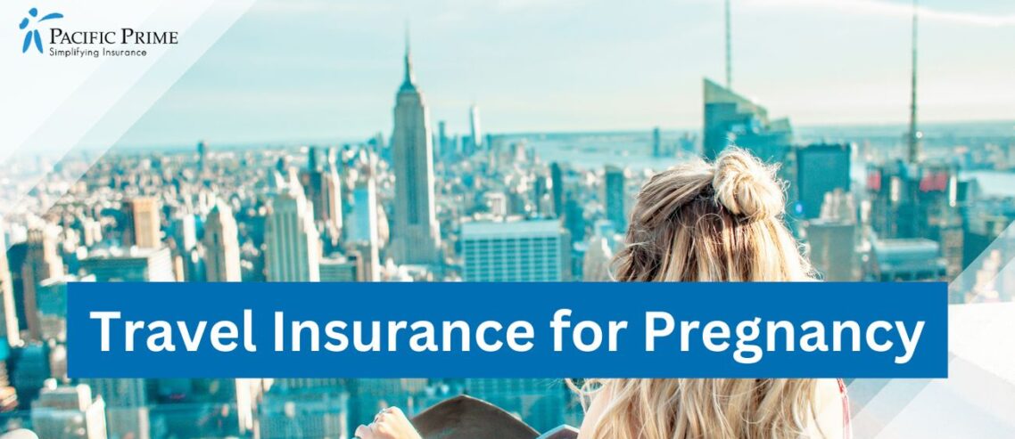 Image of a Woman In Front Of NYC Building with text overlay of "Travel Insurance for Pregnancy"