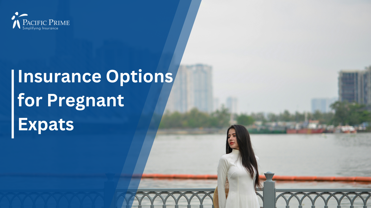 Image of a Woman In White Dress By Water with text overlay of "Insurance Options for Pregnant Expats"